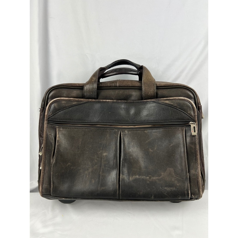 Solo Leather Briefcase Laptop Bag Mens Brown CheckFast TSA Friendly Good